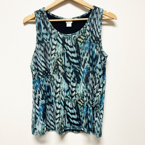 CHICOS Two Piece Feather Print Mesh Tank and Cardigan Set Size M - Picture 2 of 8